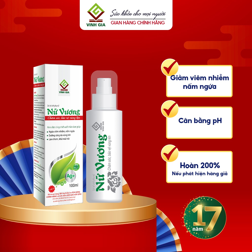 Dung dịch Vệ Sinh Phụ Nữ Nữ Vương VINH GIA Giúp Làm Sạch Vùng Kín, Cân bằng PH, Làm Thơm Và Khử Mùi Dung Tích 100ml