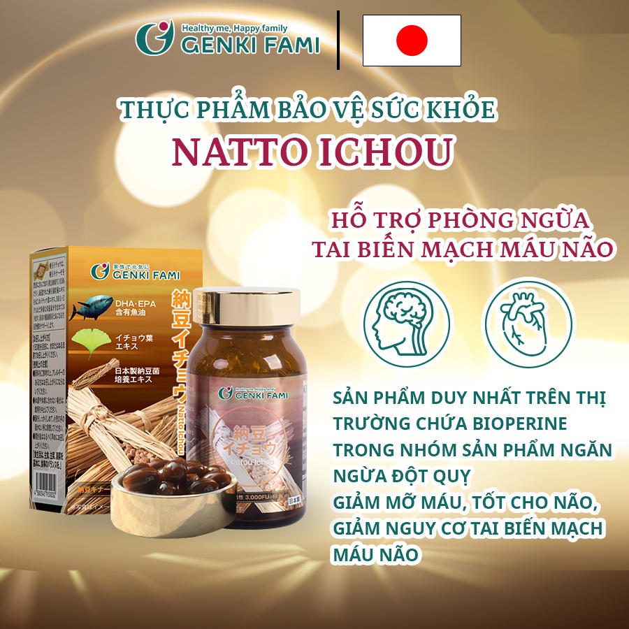 Viên uống ngừa đột quỵ Natto Ichou Genki Fami Nhật Bản 3000 FU bổ não 90 viên cho 30 ngày