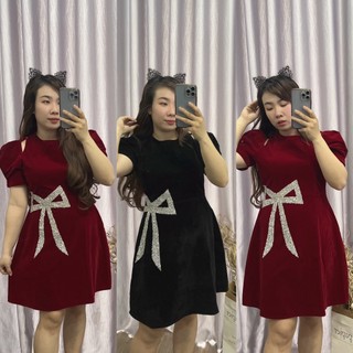 Đầm nhung khoét vai đính nơ đá chiết eo tôn dáng Đầm tết tiểu thư Bigsize Kim Ngân từ 50kg đến 100kg M/L/XL/XXL Đồ Noel
