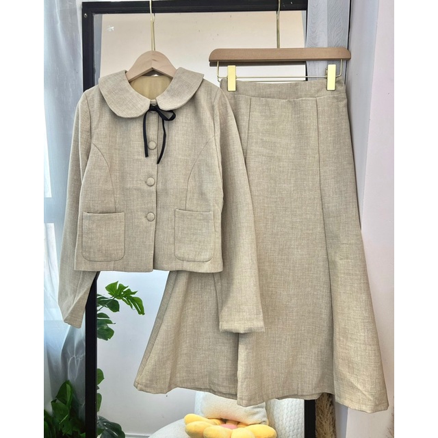 Set thiết kế cao cấp áo sơ mi nơ dài tay kèm chân váy xoè công sở
