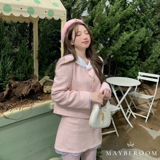 Set áo khoác chân váy hồng pastel dạ tweed lót gió tiểu thư Young Mi Set Mayberoom
