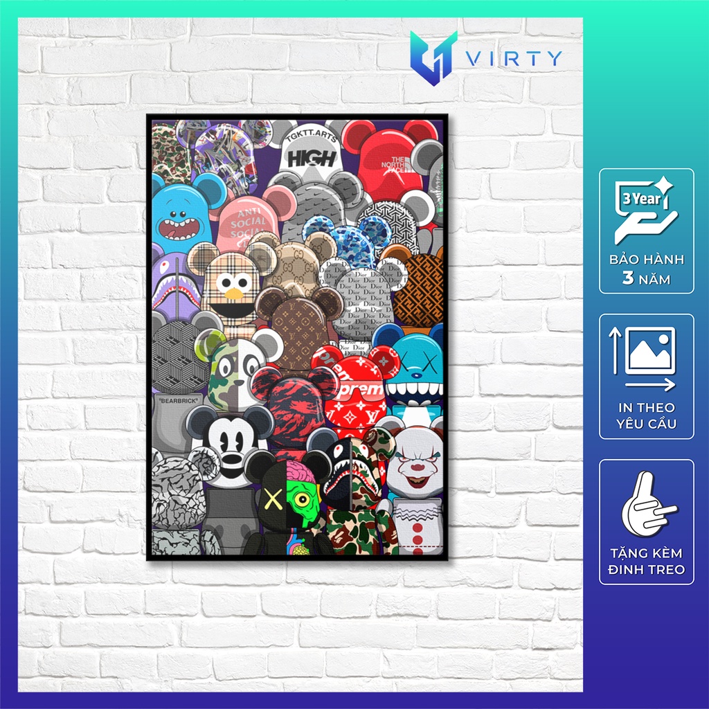 Tranh treo tường decor phòng ngủ VIRTY trang trí phòng khách, tranh canvas HYPEBEASTS BEARBRICK kèm khung composite