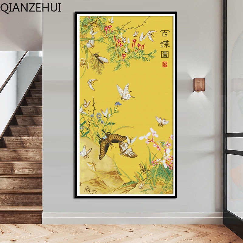 Bộ Tranh Thêu Chữ Thập 11CT DIY Hình Hoa Bướm Chất Liệu Cotton Phong Cách Hiện Đại