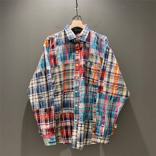 Beams SSZ Hasegawa Zhaoxiong Patchwork Colored Mosaic Striped Plaid Casual Loose Long Sleeve Shirt for Men 6VMq