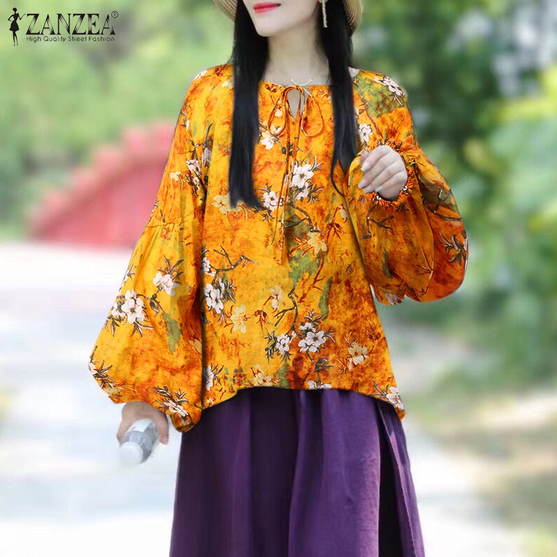 Áo kiểu ZANZEA cổ tròn tay phồng cột dây dáng rộng in họa tiết xinh xắn thời trang cho nữ