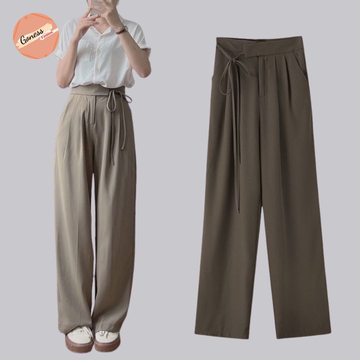 Quần nữ ống rộng vải suông Goness thiết kế cạp cao thắt nơ nhiều màu dáng dài culottes xuông thời trang Hàn Quốc