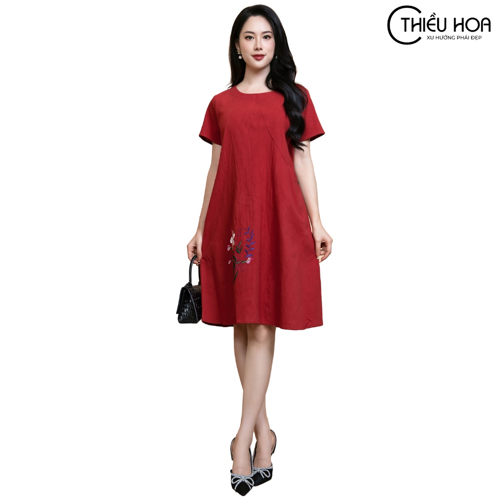 Đầm nữ siêu hách dáng cho mẹ trung niên, chất liệu cotton cao cấp sang trọng Thiều Hoa S0540