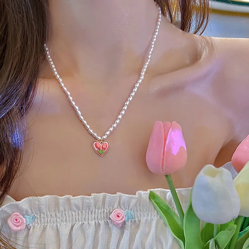 Vòng cổ Mặt Hoa Tulip Đính Ngọc Trai Thanh Lịch Cho Nữ