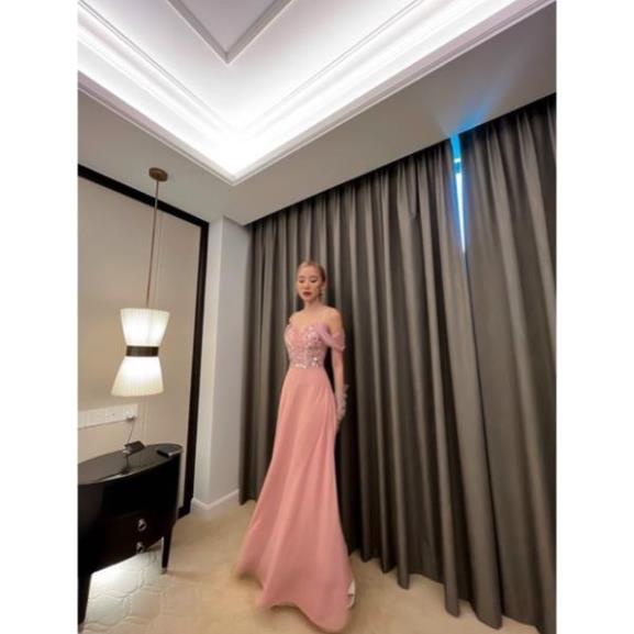 Đầm dạ hội xoè đính kim sa rớt vai cao cấp kèm ảnh thậ tặng hoa tai