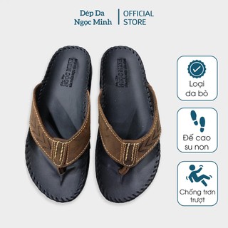 Dép xỏ ngón nam Ngọc Minh, dép kẹp nam quai da cá sấu màu da bò sáng, đế may viền chắc chắn MS 15