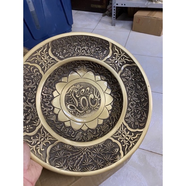Mâm ng mâm bồng bằng đồng đĩa trái cây màu giả cổ 2 công nghệ đường kính 33,5cm.