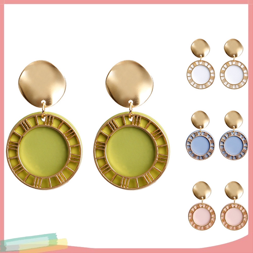 Đôi Khuyên Tai Hình Tròn Khắc Chữ Số La Mã Thời Trang Cho Nữ