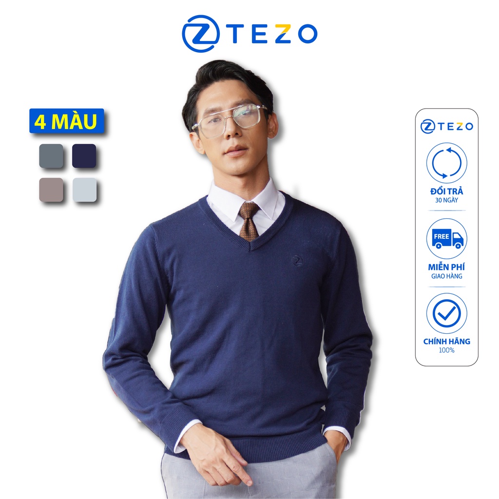 Áo len nam Tezo trơn thiết kế cổ tim hoạ tiết logo thêu ngực 22ALIB001