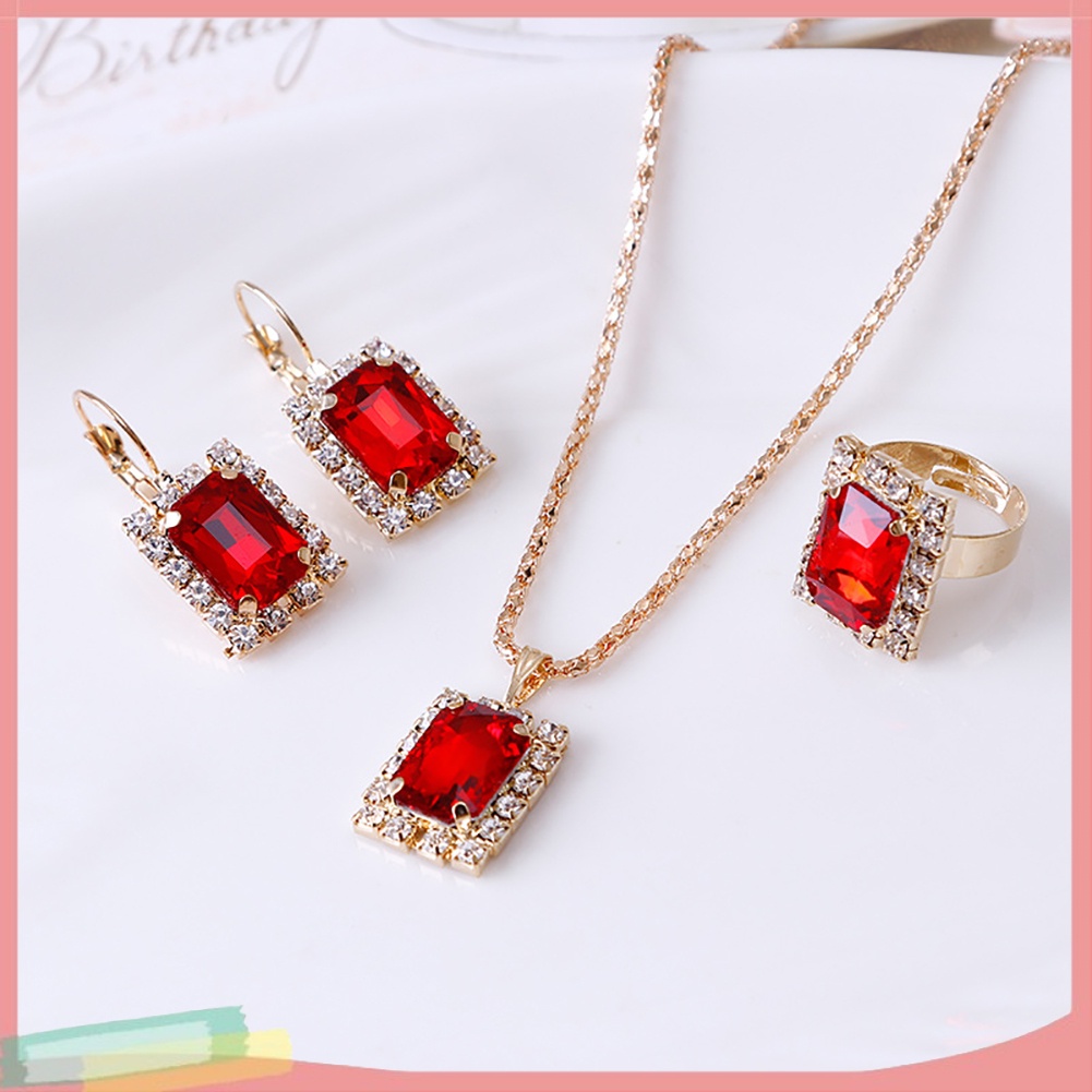 Bộ trang sức 3 món bằng hợp kim mặt hình chữ nhật khảm đá lấp lánh quý phái cho nữ