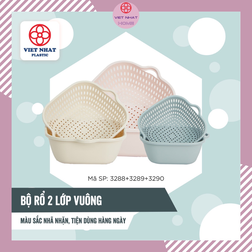Bộ Thau Rổ Vuông 6 Món Nhựa Việt Nhật, Bộ rổ kèm chậu hứng nước rửa rau củ đựng hoa quả trái cây3288+3289+3290