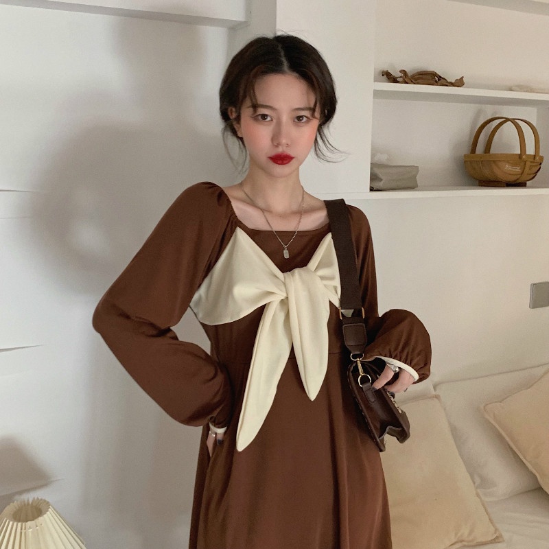 ZHELIHANGFEI Đầm nơ dài tay kiểu eo cao độ phong cách retro váy dài
