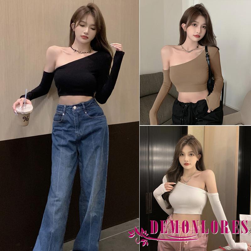 Áo Thun Crop Top Nữ Trễ Vai Tay Dài Màu Trơn Phong Cách Đường Phố