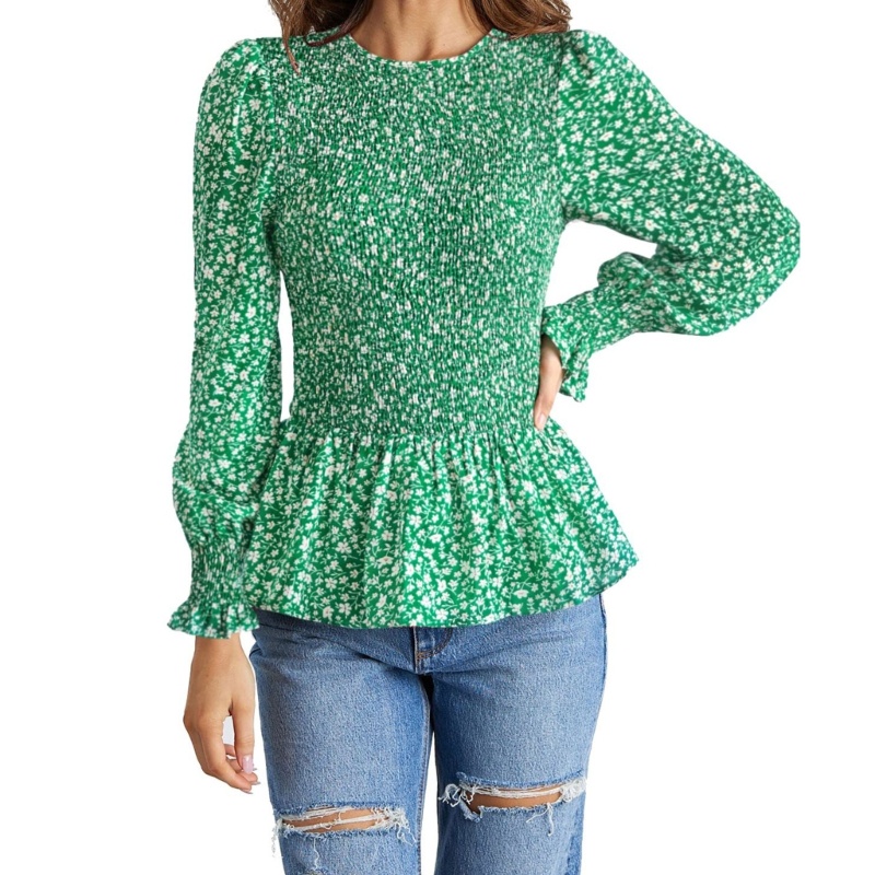 Áo Sơ Mi Peplum Viền Bèo Tay Dài Phồng In Họa Tiết Hoa Cho Nữ