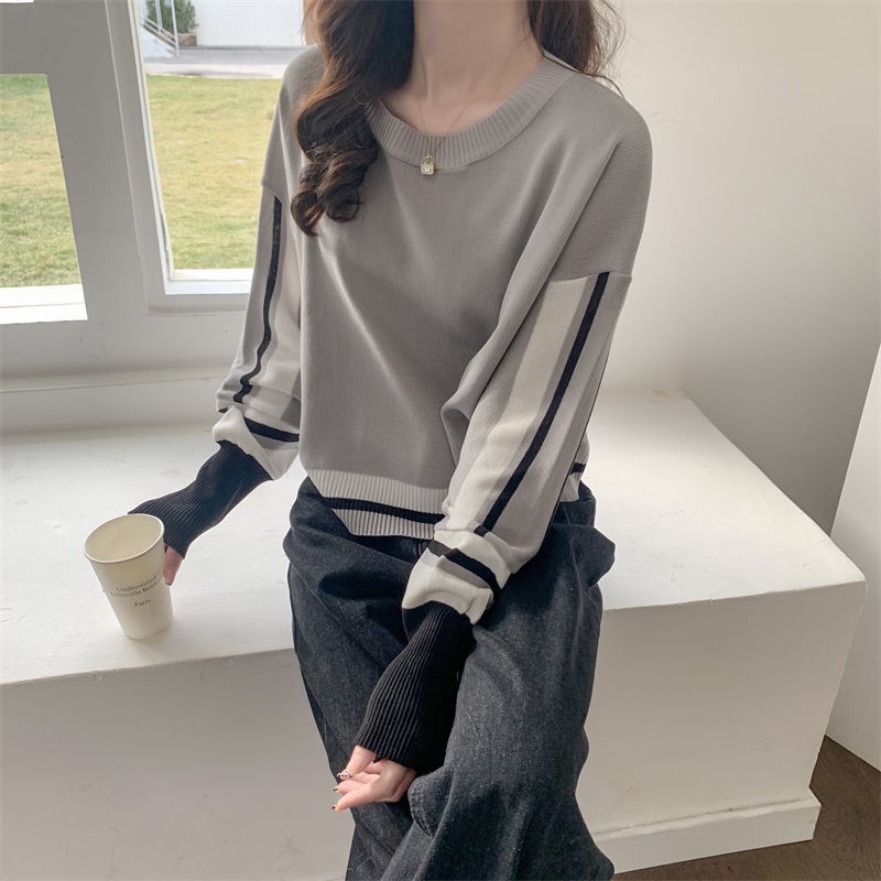 Áo Sweater Dệt Kim Tay Phồng Dáng Rộng Màu Sắc Tương Phản Thời Trang Mùa Xuân Cho Nữ