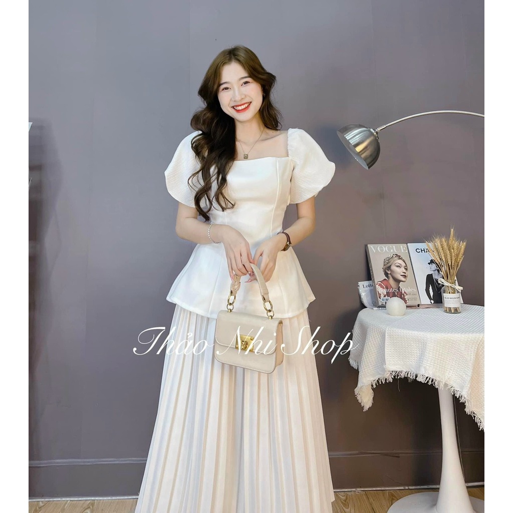 Set bộ kiểu dáng công sở nhẹ nhàng, thanh lịch, Set áo kiểu cổ vuông dáng xòe tay bồng sang xịn, Chân váy dài chất lụa