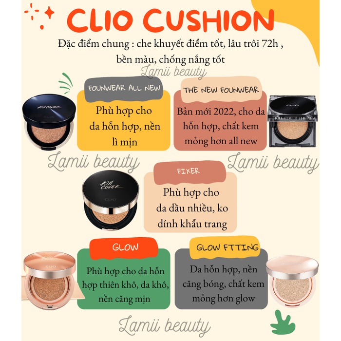 Phấn nước CLIO KILL COVER FOUNWEAR/ THE NEW FOUNWEAR KOSHORT MÈO/ FIXER/ GLOW FITTING/MESH GLOW CUSHION kèm lõi và mút