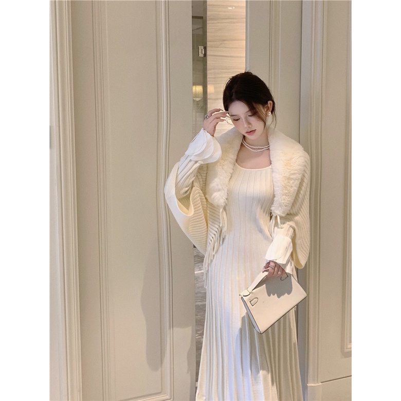Winter New Product Spot Second Shot Pure Desire Wind Long Sleeve Knitted Dress Women's Autumn and Winter 2023 New Temperament Medium Long Knitted Dress Long Sleeve Fur Neck Knitted Cardigan Coat