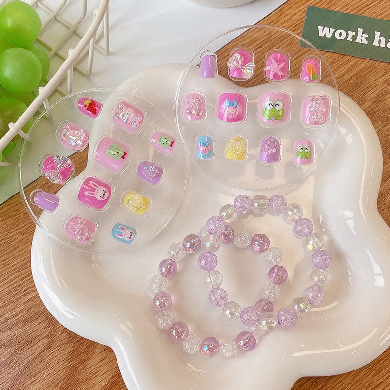[TẶNG VÒNG] Set 12 Móng Tay Giả Có In Hình Cute Kèm Vòng Tay (Có keo dán sẵn dưới móng) Cho bé gái