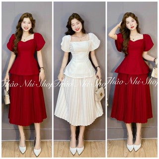 Set Bộ Thời Trang Nữ Áo Cổ VuôngTay Ngắn Phồng & Chân Váy Dập Ly