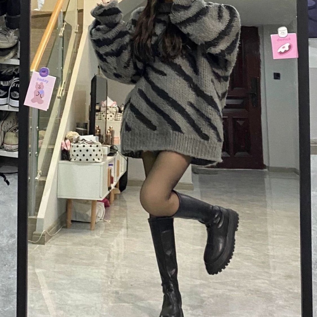 Áo Sweater Dày Dặn Dáng Rộng Mềm Mại In Họa Tiết Ngựa Vằn Kiểu Retro Nhật Bản Thời Trang Mùa Đông Cho Nữ