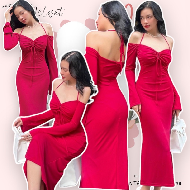 Đầm midi body thun cột nơ tay dài loe chất thun dẻo sịn sò TK1498