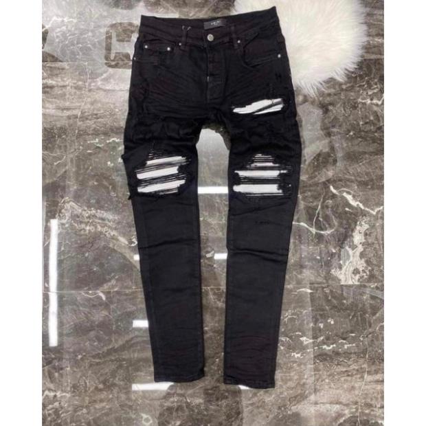 Quần jean bò nam Amiri slimfit đen rách đùi gối vá vải nhăn trắng hình ngôi sao chất dày dặn