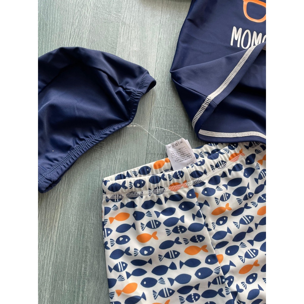 Bộ bơi bé trai cộc rời, xanh tay trắng, hình cá, Momasong  908048