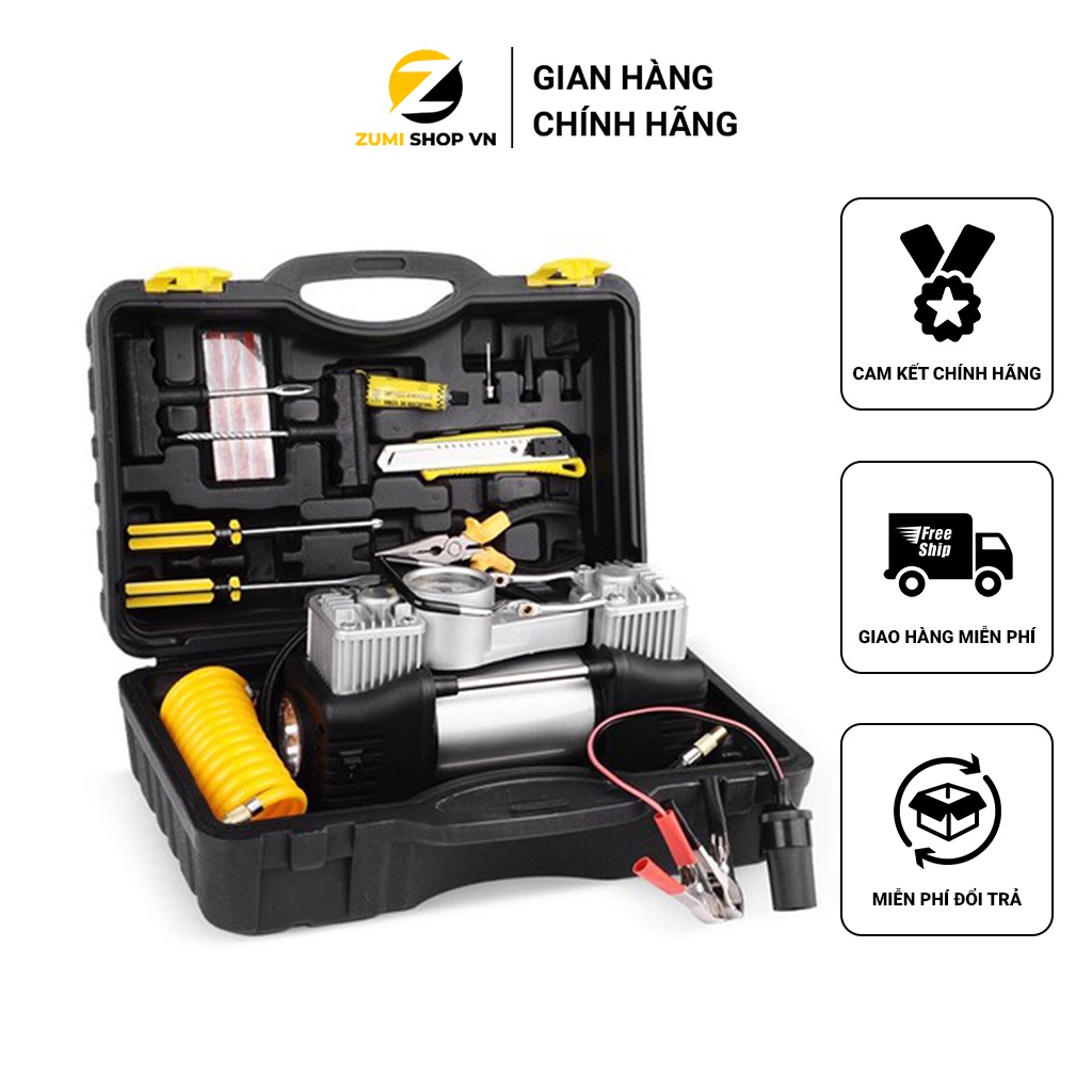 Bơm Lốp Ô Tô, Xe Hơi 2 Xi Lanh Air Compressor Kèm Hộp Dụng Cụ Sửa Chữa Xe Chuyên Dụng