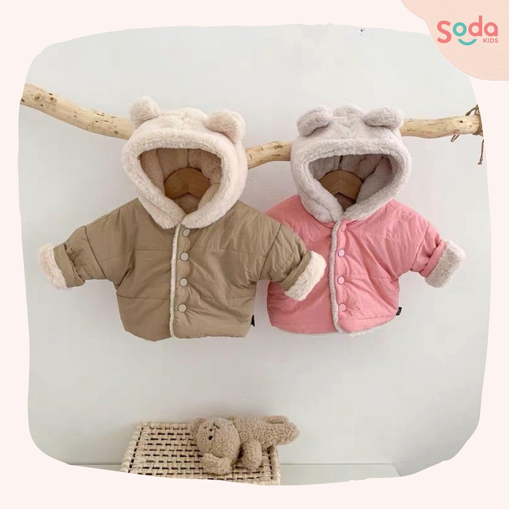 Áo khoác lót lông cho bé, thiết kế có mũ lông tai gấu ấm áp, dễ thương