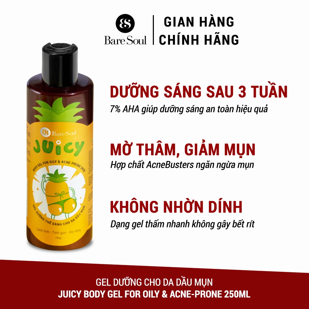 Combo dưỡng sáng, mờ thâm, dưỡng ẩm dành cho da và môi BareSoul Body Gel Juicy 250g + Sweet Talker Lip Scrub 20g