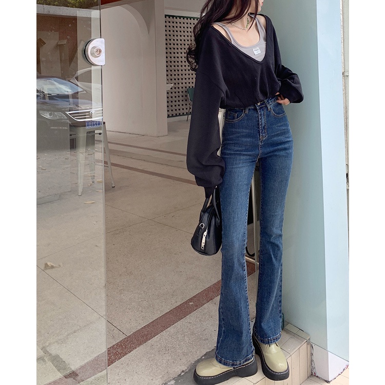 Xiaozhainv Quần Jeans Nữ Lưng Cao Thời Trang Hàn Quốc 3 Màu Lựa Chọn