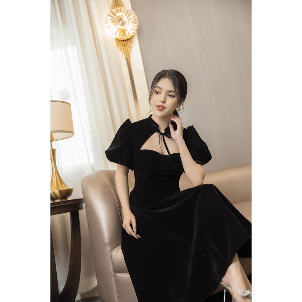Váy nhung đen tay bồng 2 lớp dày dặn dự tiệc YV134 Xavia YAME