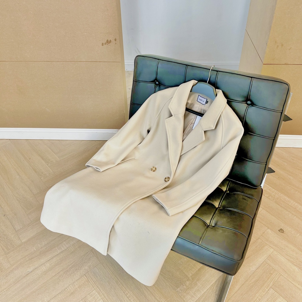 Áo khoác dạ dáng dài màu kem, có lớp lót bên trong YAK12 YAME