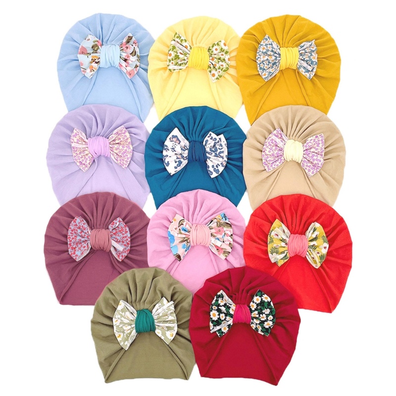 Mũ Trùm Đầu Bằng Vải Mềm Thắt Nơ In Hoa Màu Trơn Dành Cho Bé Sơ Sinh