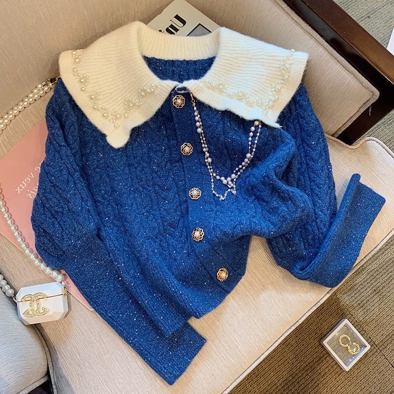 áo len nữ form rộng tăm cộc tay trễ vai mỏng cổ lọ áo khoác carigan thom browne local brand ngắn tay dày hàn quốc dài tay rách Áo Khoác Cardigan Dệt Kim Màu Xanh Dương Cryin