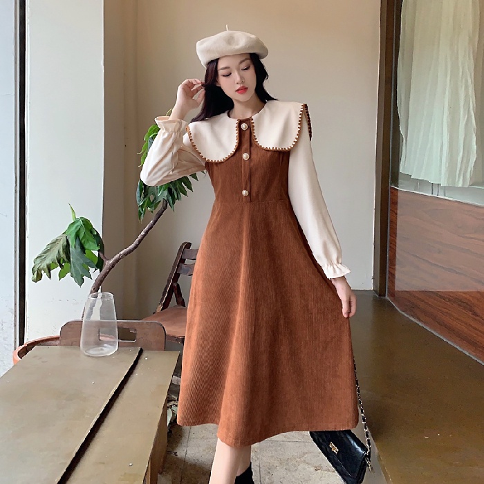 Đầm Nhung Phối Màu Tương Phản Thời Trang Hàn Quốc Trẻ Trung Cho Nữ