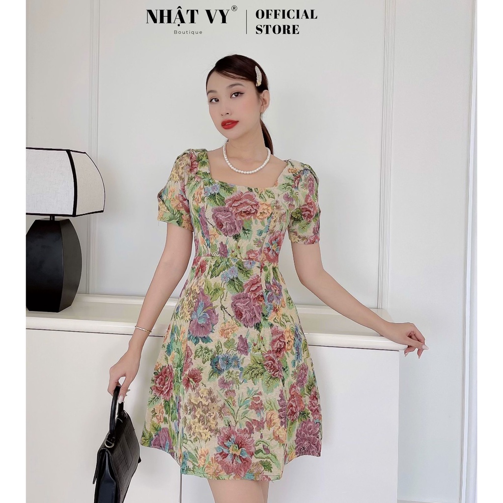 Đầm Nữ NHẬT VY Hoa Cổ Vuông Tay Ngắn Chiết Eo Chất Vải Bố Đi Chơi Dáng Xòe Màu Xanh - D1892