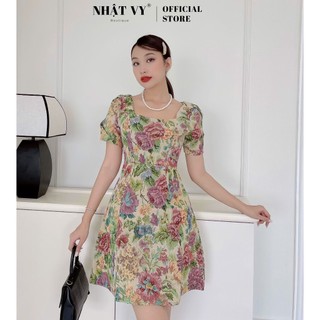 Đầm Nữ NHẬT VY Hoa Cổ Vuông Tay Ngắn Chiết Eo Chất Vải Bố Đi Chơi Dáng Xòe Màu Xanh - D1892