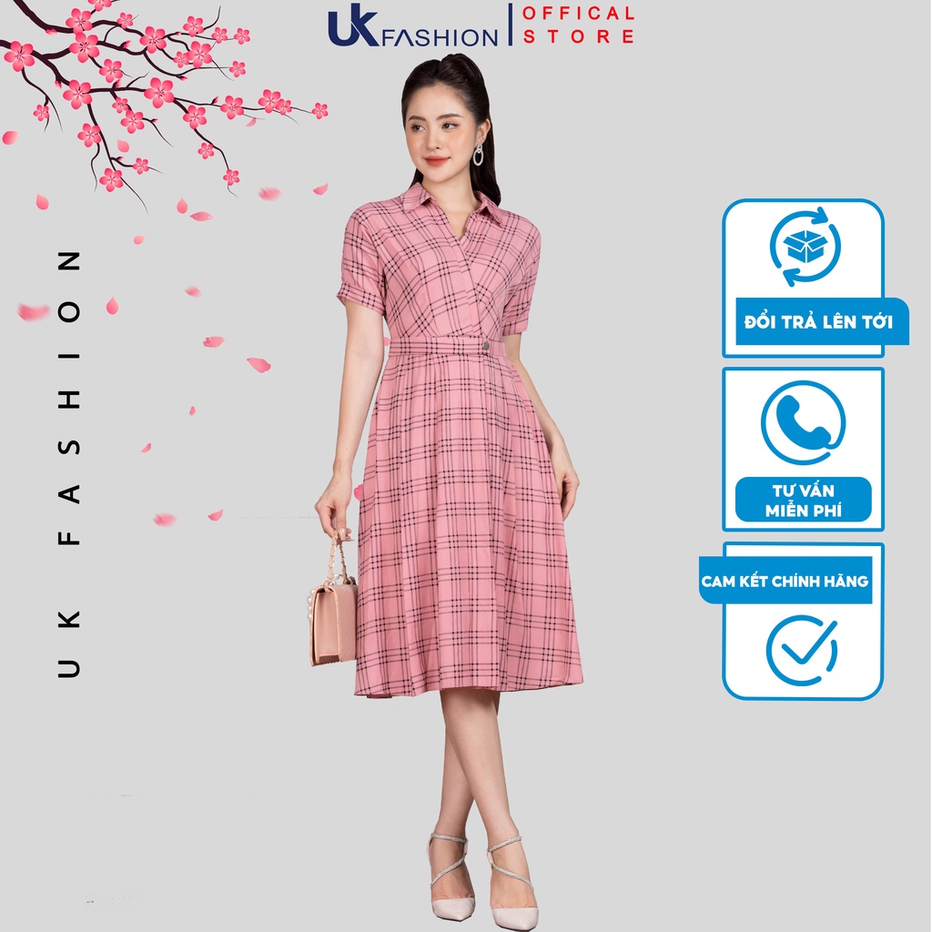 Đầm Nữ Xếp Ly Kẻ Caro UK Fashion Cổ Sơ Mi Tay Cánh Dơi, Chất Liệu Nhập Hàn Cao Cấp Mềm Mịn NKDV2206002