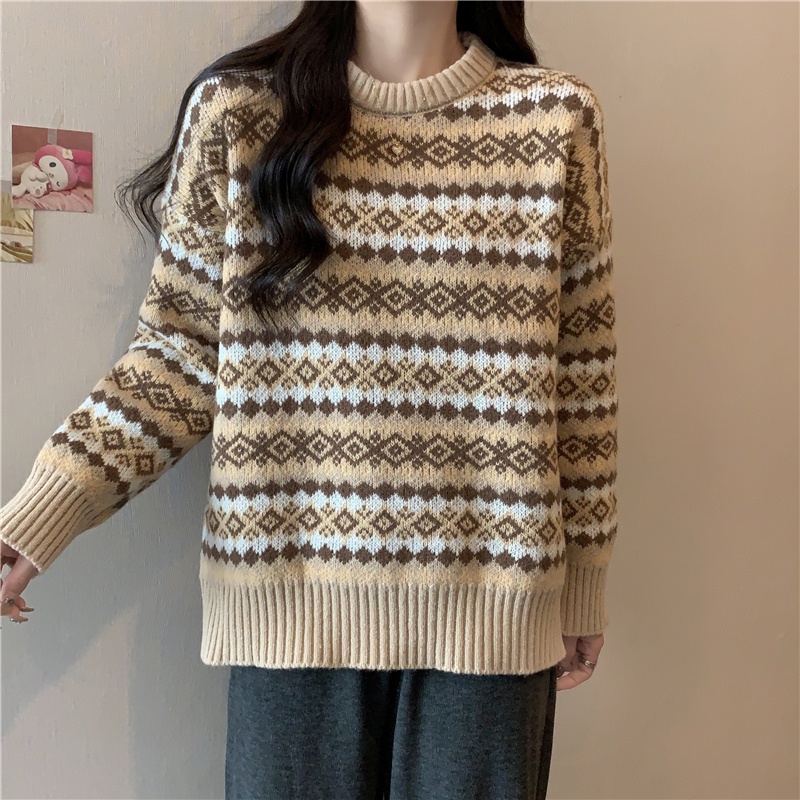 SUXI Áo Dệt Kim Tay Dài Dáng Rộng In Kẻ Sọc Kiểu Vintage Thời Trang Thu Đông Cho Nữ