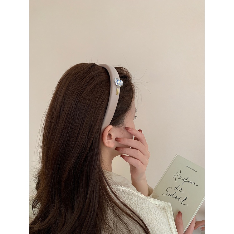 Băng Đô Cài Tóc Bản Rộng Đính Đá Hình Trái Tim Màu Đen Thời Trang Cho Nữ