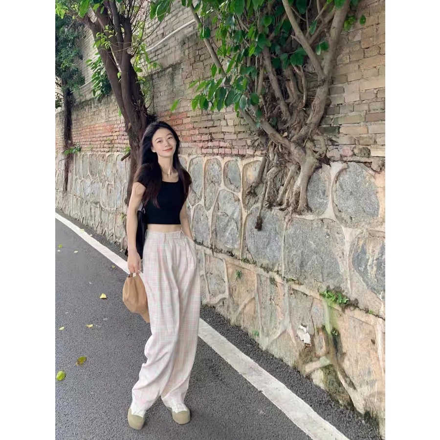 Quần Dài Nữ Ca Rô Lưng Cao Ống Đứng Thời Trang Hàn