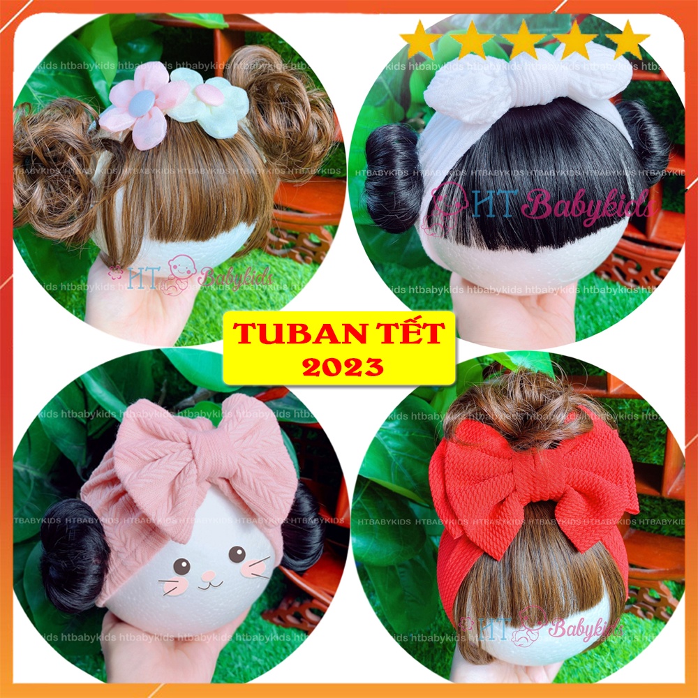 [ 50 MẪU TẾT MỚI ] - Băng Đô Turban Cho Bé Gái Tóc Giả Hai Bên Ren Nơ Trắng- Đủ Size Cho Bé Sơ Sinh TẾT