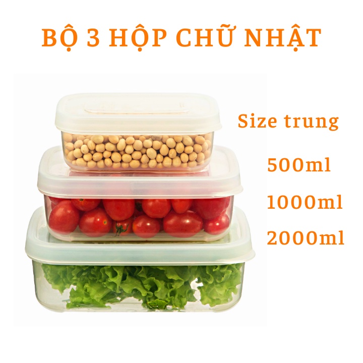 Bộ 3 hộp thực phẩm inochi. Chất liệu nhựa PP an toàn, chịu nhiệt 140 độ C, không mùi, hạn chế rò rỉ nước