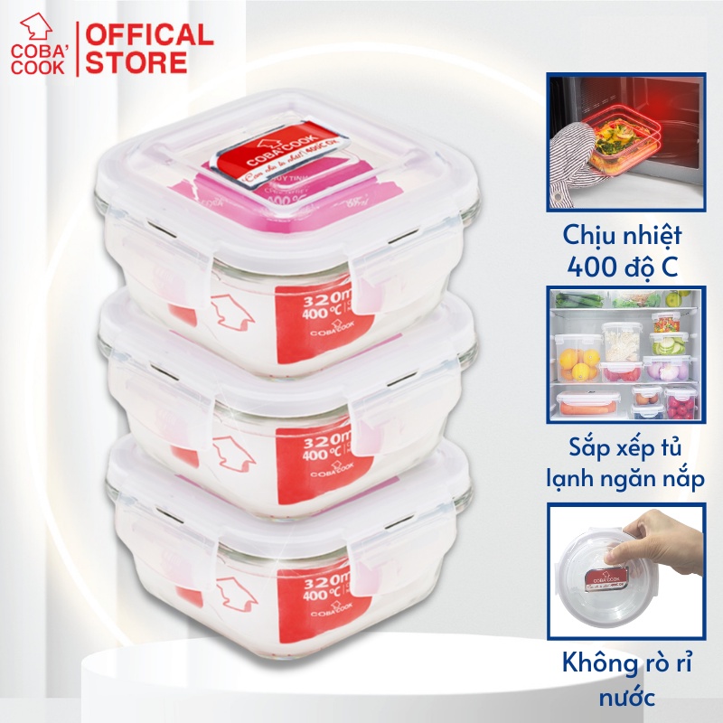 Bộ hộp thủy tinh bảo quản COBACOOK hình vuông dung tích 320ml - CCS33